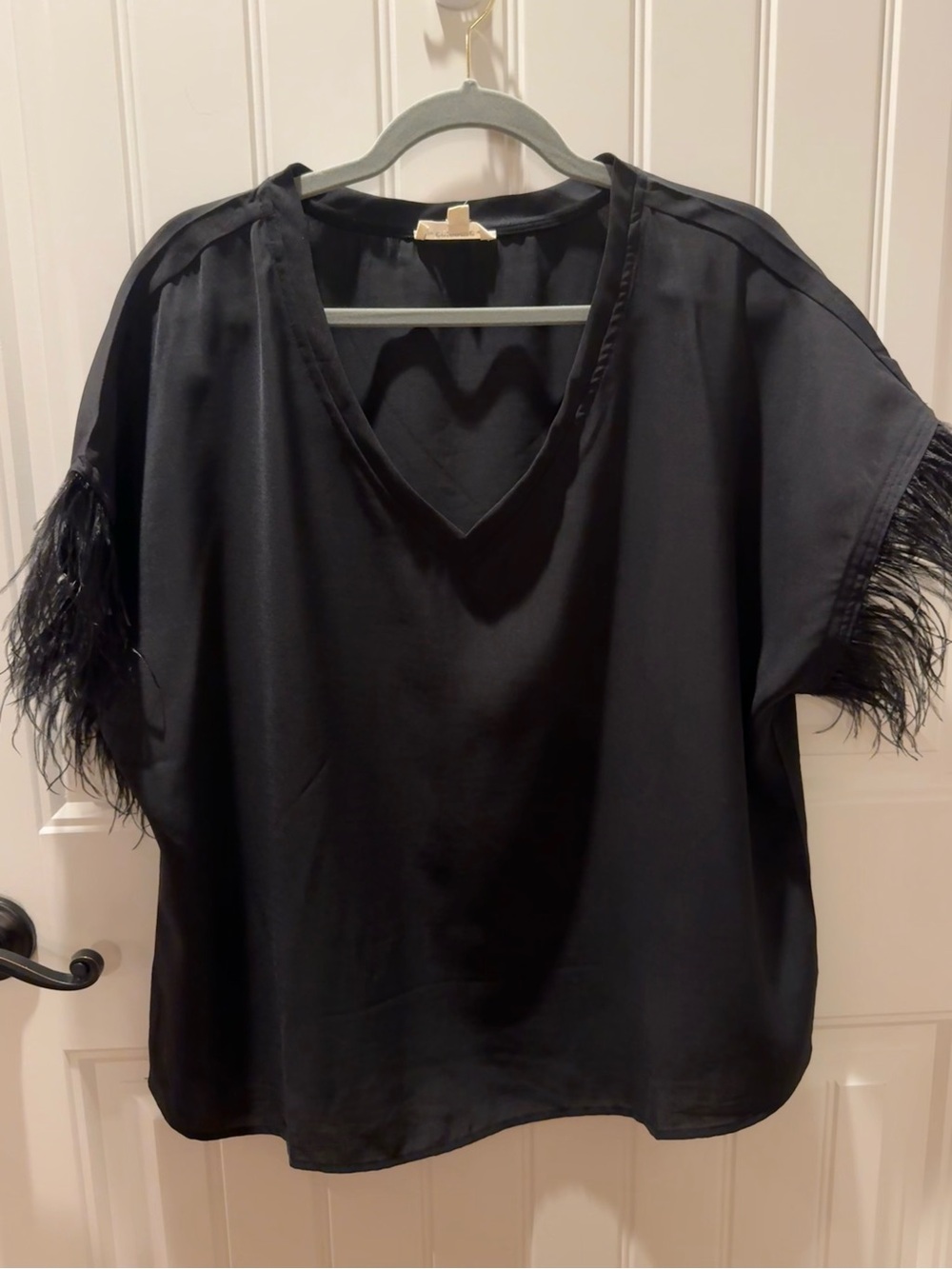 Black Feather-Trim V-Neck Women's Top Ee:some  large
